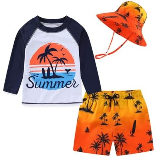Baby Toddler Boys UPF 50+ Rashguard Set Swimsuit with Sun Hat Bathing Suit Swimwear for Beach Pool Sun Protection