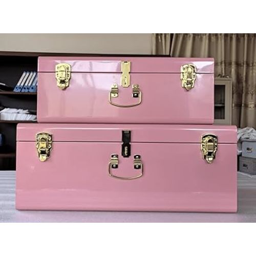 Vixdonos Decorative Large Metal Box Storage Trunk Chest Set of 2 College Dorm Organizer with Hardware Hasps and Handle for Home Deocr,23.7X14.2X9.5 Inches,Deep Pink