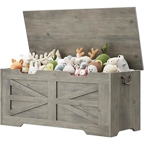 IDEALHOUSE Storage Chest, 39.4" Toy Chest for Boys Girls, Kids Wood Large Toy Box, Storage Bench with Safety Hinge, Farmhouse Storage Trunk for Entryway, Living Room, Bedroom, Playroom, Greige