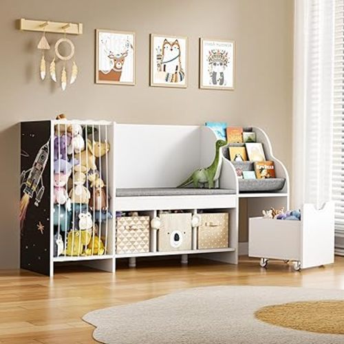 DTK Kids Reading Nook with Bench,Toy Storage Organizer with Stuffed Animals Holder,Kids Bookshelf with Seat Cushion,3 Storage Cubbies and Toy Storage Box on Wheels for Playroom,Bedroom,Nursery,White