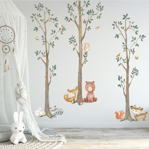 Redwood Rover Woodland Watercolor Wall Tree Decals Fabric Animal Birch Creatures - Bear, Fox, Raccoon, Rabbit, Squirrel, Owl Nursery Décor Stickers #3115 "& Reviews" | Wayfair