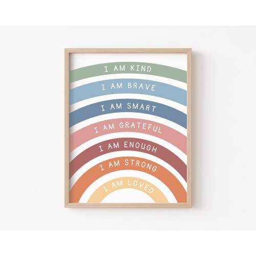 Rainbow Affirmations Wall Art, Affirmations for Kids, I am Kind Loved Brave Enough, Inspirational Nursery Wall art, Positive Affirmations