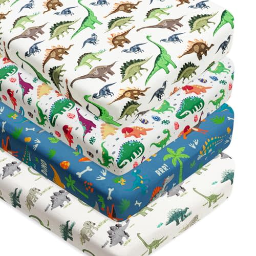 4 Pack Baby Boy Crib Sheets Set Soft Fitted Baby Boy Mattress Covers Construction Truck or Dinosaur Theme Breathable Toddler Sheets for Infant Boys (Dinosaur, Crib Sheets)
