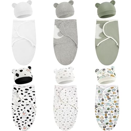 6 Pack Preemie Swaddle Blanket Wrap with Hat Set Cotton Baby Swaddle Wrap Hat Set for Preemie Newborn Boys Girls (Neutral Series,for 3-7 Lbs)