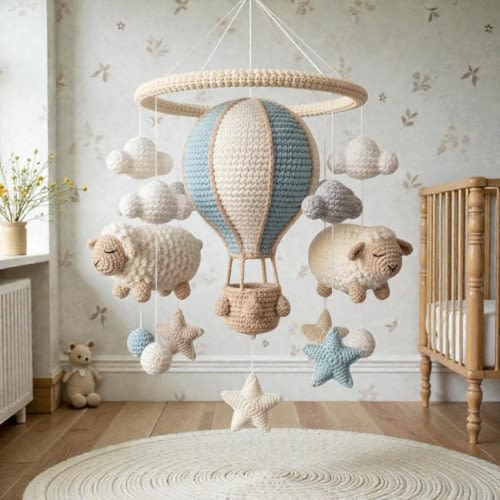 Handmade Crochet Hot Air Balloon Mobile with Sheep, Neutral Yarn Nursery Hanging Decor