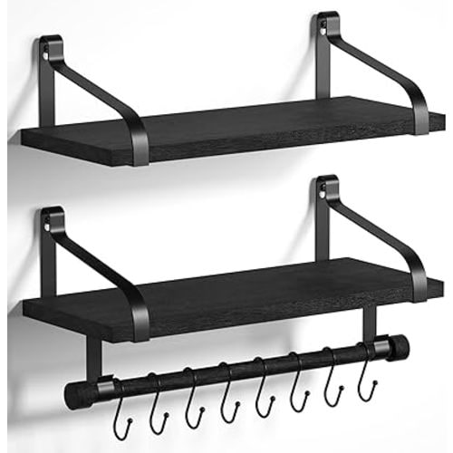 Love-KANKEI Floating Shelves for Coffee Bar,Bathroom Shelves with Towel Bar, Wall Shelves with 8 Hooks for Kitchen, Storage Shelf Set of 2 for Bedroom,Living Room,17.3 Inch Black