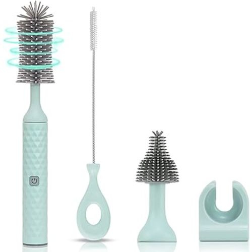 Electric Bottle Brush Cleaner Set, Baby Bottle Brush Cleaner with 4 Piece Silicone Brush for Bottle,Pacifier,Straw, USB Charged Water Bottle Brush Cleaner 360°high-Speed Rotation Cleaning, 1500mAh