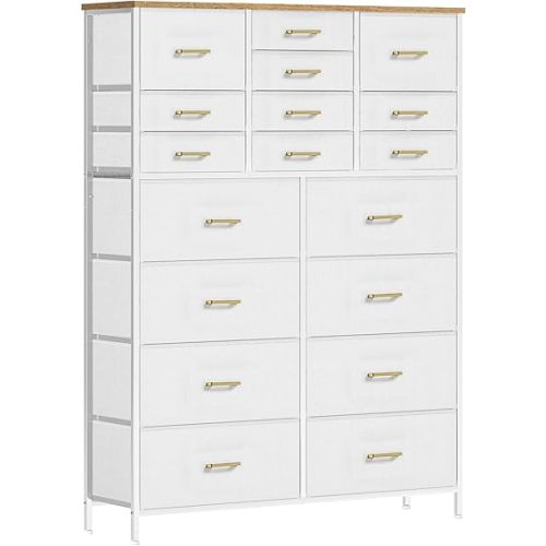 Modern Chest of Drawers for Bedroom，Tall White Fabric Dresser with 18 Deep Drawers, Large Vertical Storage Organizer Cabinet for Closet, Nursery, Office