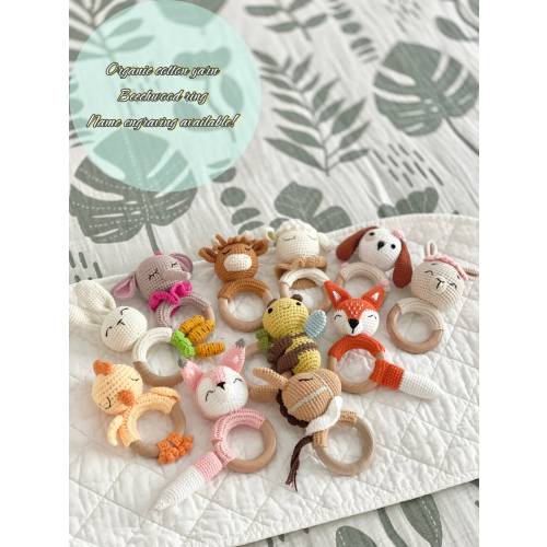 Personalized Crochet Baby Rattle, Baby Gift, Baby Shower Toy, Wooden Rattle, Montessori Toy, Baby Rattle, Organic Toy, Crochet Animal