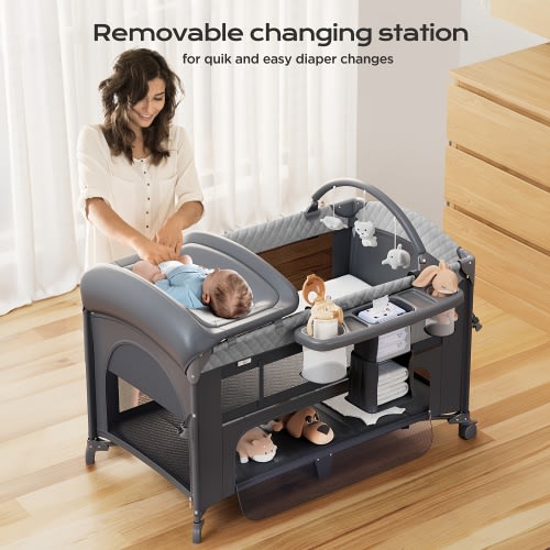 Baby Multifunctional Diaper Changing Table with Removable Changing Station, Storage Box, Toy Shelf & Game Space - Gray Metal Nursery Furniture with Plush Toy Display, Easy Assembly
