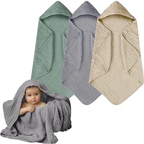 Muslin Hooded Baby Towels, 3 Pack Cotton Baby Bath Towels with Hood for Newborn, Babies, Infant, Toddler, Soft and Absorbent Baby Shower Towel Newborn Essential (35 X 35 Inch) (Green + Grey + Apricot)