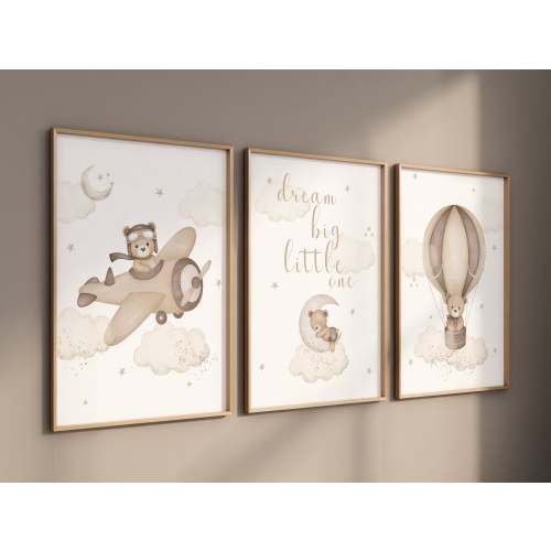 Set of 3 Teddy bear nursery wall art print| Bear nursery Decor| Bear ,Moon, ballon| Nursery child Kids Decor| Baby neutral print| Neutral