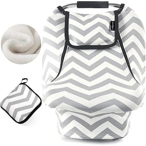 ACRABROS Car Seat Covers for Babies,Winter Autumn Spring Infant Carseat Cover Canopy for Boys and Girls,Stretchy Adjustable Peeping Window with Mesh Cover,Warm Breathable Universal, Grey White Chevron