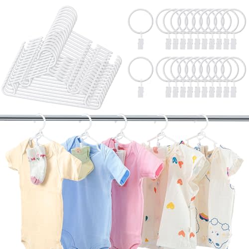 Hsei 30 Packs Nursery Baby Hangers with Ring Clips, Toddler Hangers, Kids Plastic Clothes Hanger for Infant Children Pants Closet Coat Skirts Socks(White)