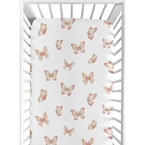 Sweet Jojo Designs Pink and Taupe Boho Butterfly Girl Baby Fitted Crib Sheet for Infant Newborn Nursery Toddler Bed Room Standard Mattress Beige Ivory Tan Bohemian Shabby Chic Watercolor Dusty Rose