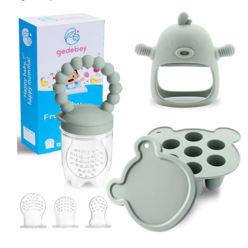 Baby Fruit Food Feeder Breastmilk Popsicle Molds for Teething Relief - 3 Pack Feeding Sets - 1 Freezer Tray with Lid & 1 Teether Toy & 1 Silicone Pacifier + 3 Extra Sizes Infant Feed Mesh (Pea Green)