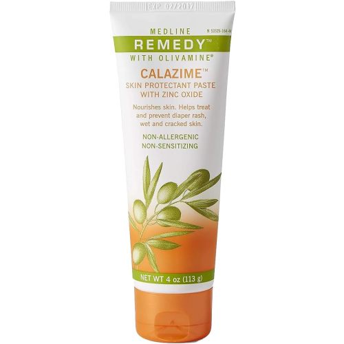 Medline Remedy Olivamine 4 Ounce Calazime Skin Protectant Paste Cream, used with dry chapped skin from diaper rash, incontinence, dermatitis, psoriasis, burns, bites, or rash