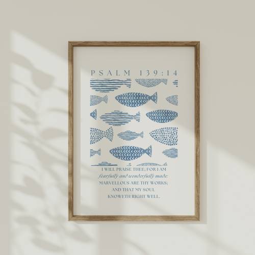 Psalm 139:14 Boys Nursery Wall Art, Blue Fish Nursery Printable, Nautical Baby Room Decor, Coastal Christian Nursery, Bible Verse Print