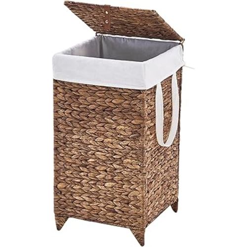 Laundry Hamper with Lid and Removable Liner Bag, Handwoven Natural Hyacinth Clothes Hamper with Heightened Feet, Wicker Laundry Basket for Clothes and Towels，Small