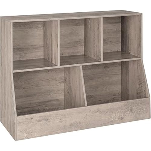 DINZI LVJ Toy Storage Organizer, Kids Bookshelf, Wood Storage Cabinet, 5 Cubby Children Bookcase, Toddler Book Toy Shelf for Playroom, Bedroom, Nursery, Hallway, School, 39.4" Long, Greige