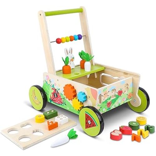 Wooden Baby Walker with Wheels,Toddler Push and Pull Walker Montessori Multiple Activity Center with Shape Sorting Grocery Toy and Puzzles Push Cart for Boys Girls 6-12 Months 1 2 3 Years Old (Fruit)