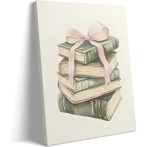 Childrens Day Book Stack Canvas Wall Art, Vintage Green Books with Pink Bow Print Poster, Whimsical Vintage Framed Reading Painting for Kids Room, Study Area, or Nursery 11x14inch