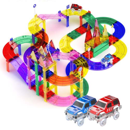 PICASSO-TILES Race Track Magnetic Tiles for Kids, 81PCS with 2 Racing Cars, Construction STEM Building Blocks Toy