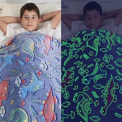 Glow in The Dark Dinosaur Blanket Gifts for Boys Girls Dinosaur Baby Blanket for Kids Soft Plush Blue Dinosaur Throw Blanket for Toddler Newborn Dinosaur Birthday Chirstmas Present 50''x60''