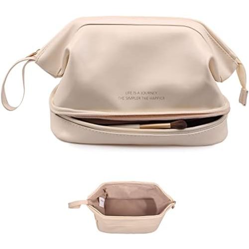 Abiudeng Large Capacity Makeup Bag Ladies Cosmetic Bag Travel Bag with Compartments Portable PU Leather Travel Makeup Bag with Handle