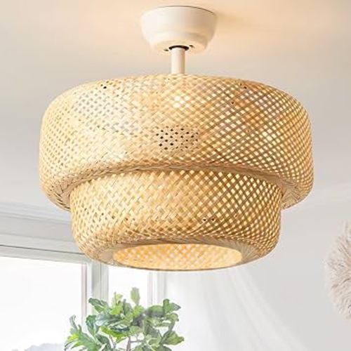 20" Rattan Chandelier Ceiling Fan with Light, Caged Boho Ceiling Fan with Light Remote Control with Enclosed 6 Speeds for Bedroom, Nursery, Living Room, Foyer