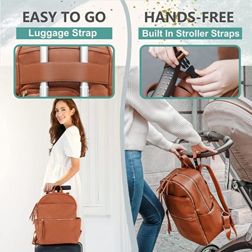 MOMINSIDE Diaper Bag Backpack with 6 Insulated Pockets, Leather Baby Bag for Mom Dad, Baby Registry, 18 Pockets, Changing Pad, Stroller Straps, Wet Dry Bag (Brown)