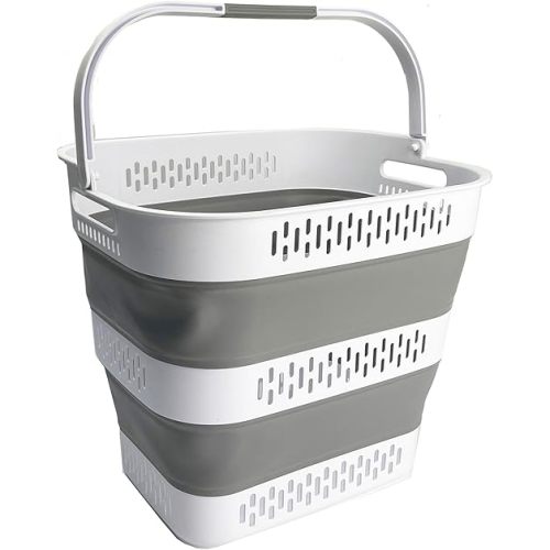 SAMMART 40L (10.5 Gallon) Collapsible Plastic Laundry Basket with Handles - Foldable Pop Up Storage Container/Organizer - Portable Laundry Hamper - Space Saving (1, White/Grey)