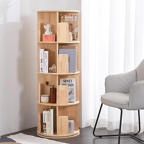 4 Tier Rotating Bookshelf 360 Display, Spinning Bookshelf Tower for Kids, Side Table, Floor Standing Bookcase Dtorage Rack, Circular Bookshelf Rotating for Living Room Study Room Office