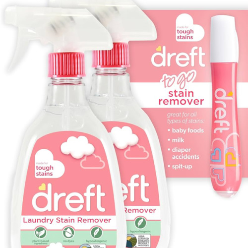 Dreft Stain Remover for Baby Clothes and Hypoallergenic Baby Stain Remover Spray Plus Travel Size Stain Treater Pen, 24 Fl Oz ( Pack of 2 + Stain Pen)