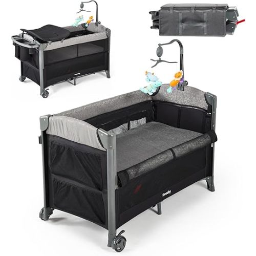 Sweeby 5 in 1 Portable Deluxe Nursery Center, Baby Bassinet Bedside Sleeper, Cribs with Changing Table, Foldable Baby Playard for Toddlers, Pack and Play with Mattress for Newborn