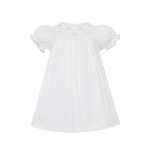 Hand Smocked Bishop, Pink Roses on White Pima