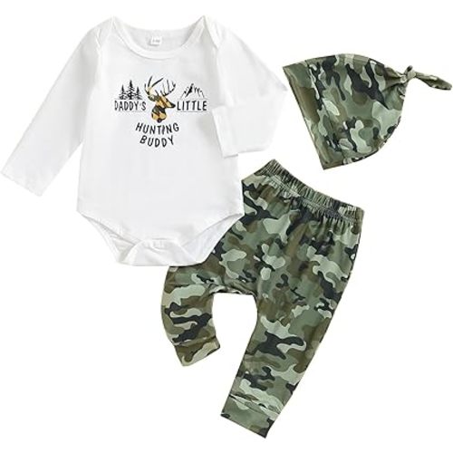 Newborn Baby Boys Long Sleeve Letters Deer Romper Bodysuit Tops Camo Pants with Hat 3 Pcs Outfit Clothes Set