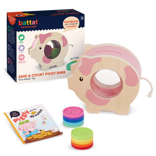 Battat Education Piggy Bank for Kids Educational Pig Toy Developmental Playset Fine Motor Skills 18 Months + Save & Count Piggy Bank