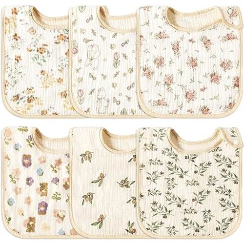 Zainpe 6Pcs Snap Muslin Cotton Baby Bibs Soft & Absorbent Burp Cloths for Newborns Drooling Feeding