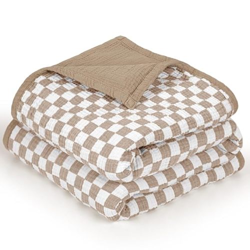 lulumoon Muslin Checkered Baby Blankets：Lightweight Cotton Toddler Blanket - Ideal for Stroller 47"x47"（Caramel Checkered）