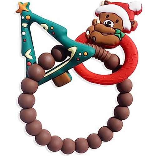 BIGSPINACH Baby's First Christmas Teether Christmas Tree and Christmas Bear Rattle Teething Ring Silicone Teething Toys for Kids Christmas Gifts or Christmas Stocking Filler