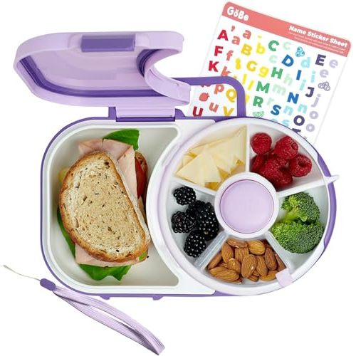 GoBe Kids Lunchbox with Small Snack Spinner Flip - Bundle with Hand Strap & Sticker Sheet, 2-in-1 Bento Style Lunch Container, 5 Small +1 Large Sandwich Compartment, BPA & PVC Free - Taro Purple