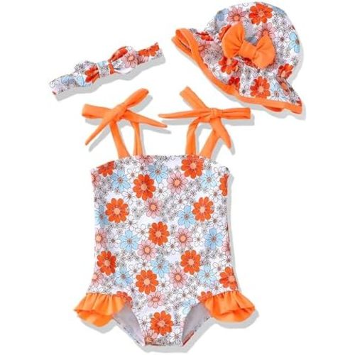 Renotemy Baby Girl Swimsuit Toddler Girls One-Piece Swimsuit Summer Beach Bikini Girl Bathing Suits with Hat 0-24 Month