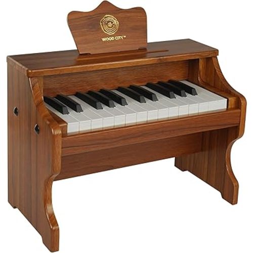 Wood City Wooden Piano Toys (25 Keys) Mini Music Educational Instrument Toy Toddler Baby Kids Piano Keyboard with Music Stand and Color Coded Keyboard Stickers for 3-7 Year Old