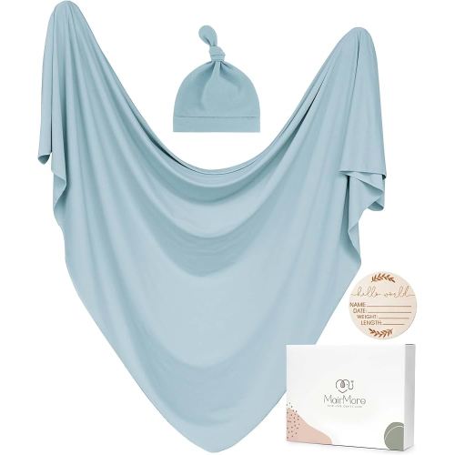Baby Swaddle Receiving Blankets with Matching Beanie Set Newborn Nursery Swaddle Wrap for Baby Girls and Boys (Blue)