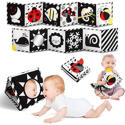 Tummy Time Toys, High Contrast Baby Book with Mirror & Teether, Black and White Infant Books, 0-6-12 Months Soft Book for Newborn, Sensory Books, Tummy Time Car Seat Toys 0-6 Month Boy Girl Gift
