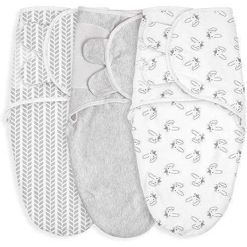 GLLQUEN BABY 3 Pack Newborn Swaddle - Baby Swaddle 0-3 Months for Baby Boys and Grils, Adjustable Sleep Sack for Newborns, Stripes & Bunnies, Swaddling Blankets