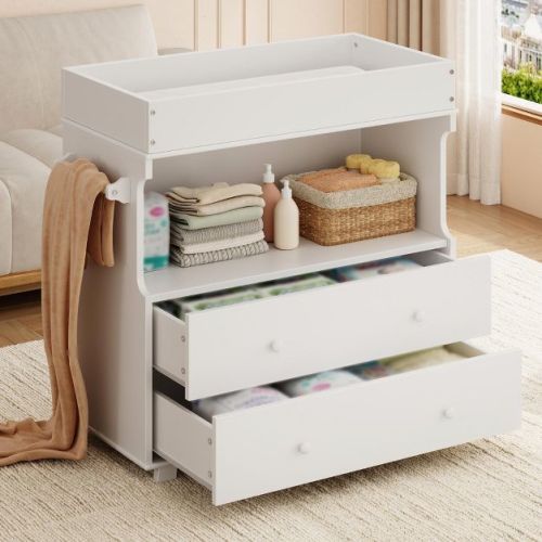 Baby Changing Table Dresser, Nursery Dresser with Changing Table Top, Modern Diaper Changing Station with 2 Drawers & Open Shelf for Children's Room