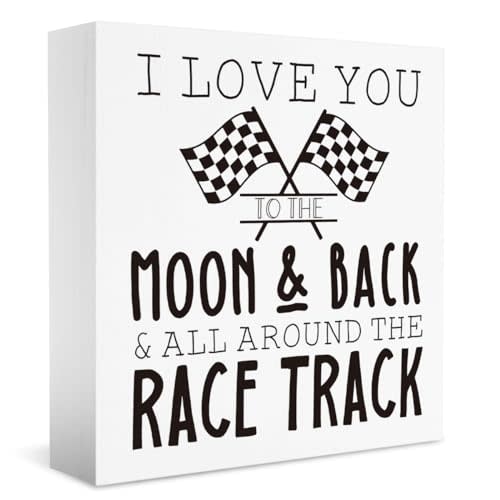 WXUMTM Funny Car Themed Room Decor, I Love You To the Moon And Back Sign, Racing Checkered Decor, Home Office Desk Decor Gifts for Racing Fans 5 X 5 Inch