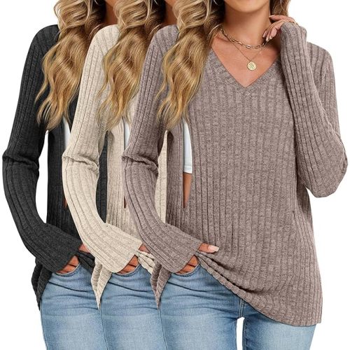 3 Pack Women's Maternity Nursing Tops, V Neck Breastfeeding Sweaters Long Sleeve Hidden Zipper Shirts